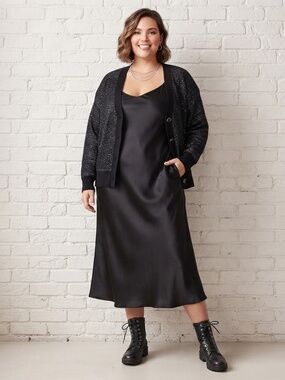 Black Silver Shimmer Knit V-Neck Button Cardigan Metallic 3X